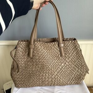FALOR Firenze Taupe Woven Leather Side Zip Large Tote Shoulder Bag Purse F1716
